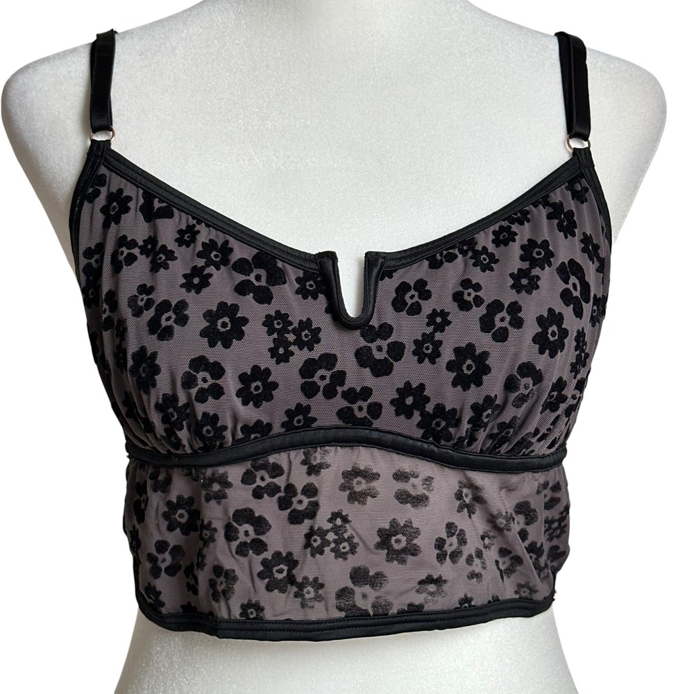 Victoria's Secret PINK Grey Floral Flocked Mesh Notch Bralette Crop Top Medium